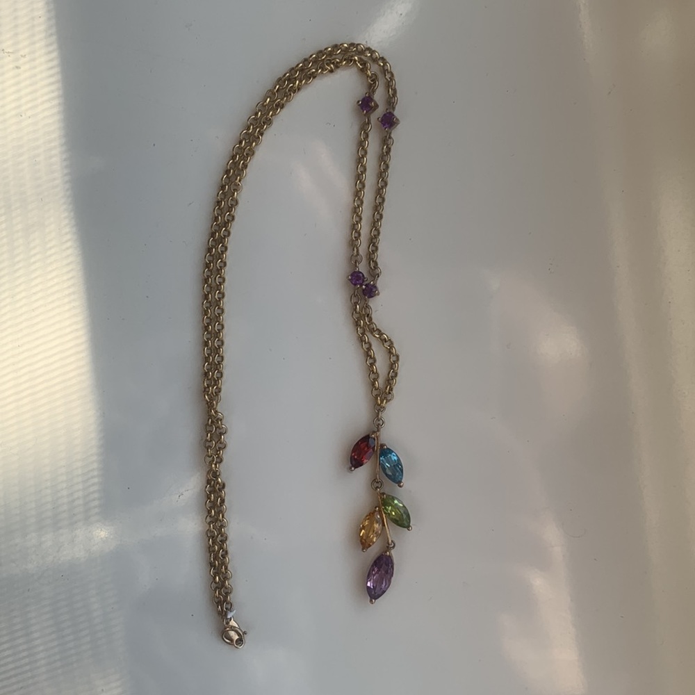 Gold Tone Jewel Leaf Gemstone Vine Necklace
